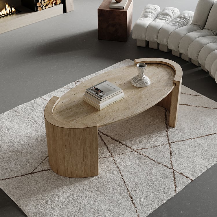 43" Japandi Oval Travertine Stone Top Coffee Table