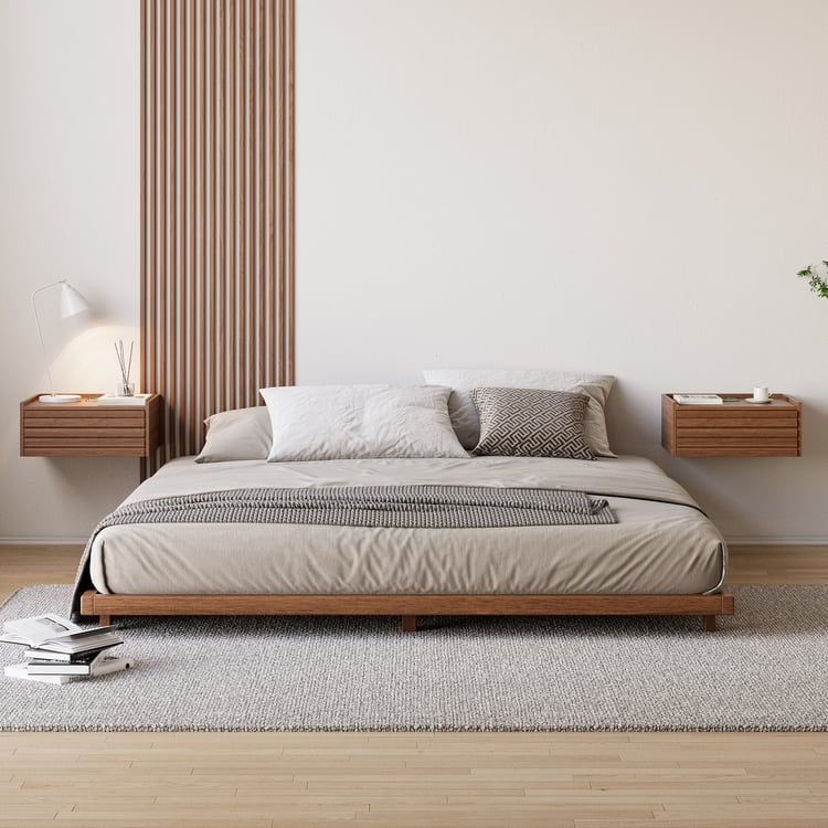 Japanese Style King Low Bed Frame Walnut Floor Bed & Floating Wooden Nightstands Set