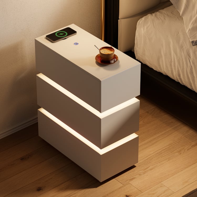 Lumio White 3-Drawer Narrow LED Nightstand with Charging Station, Set of 2