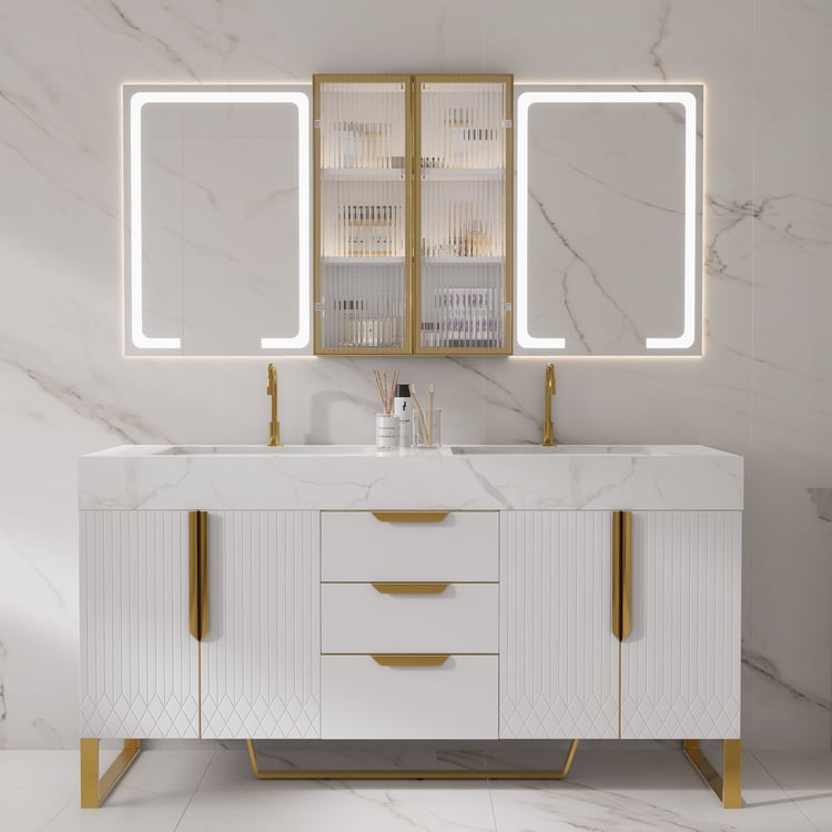 59" Double Sink Freestanding Vanity Set with LED Medicine Cabinet with Storage