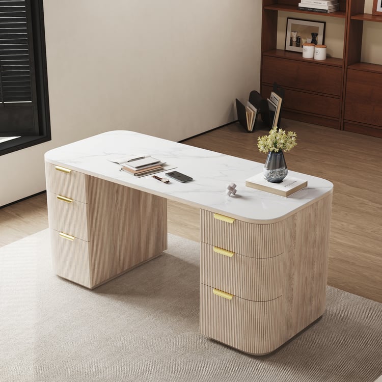 Modern 64" Rounded Edge Whitewash Sintered Stone Desk with Dual Storage