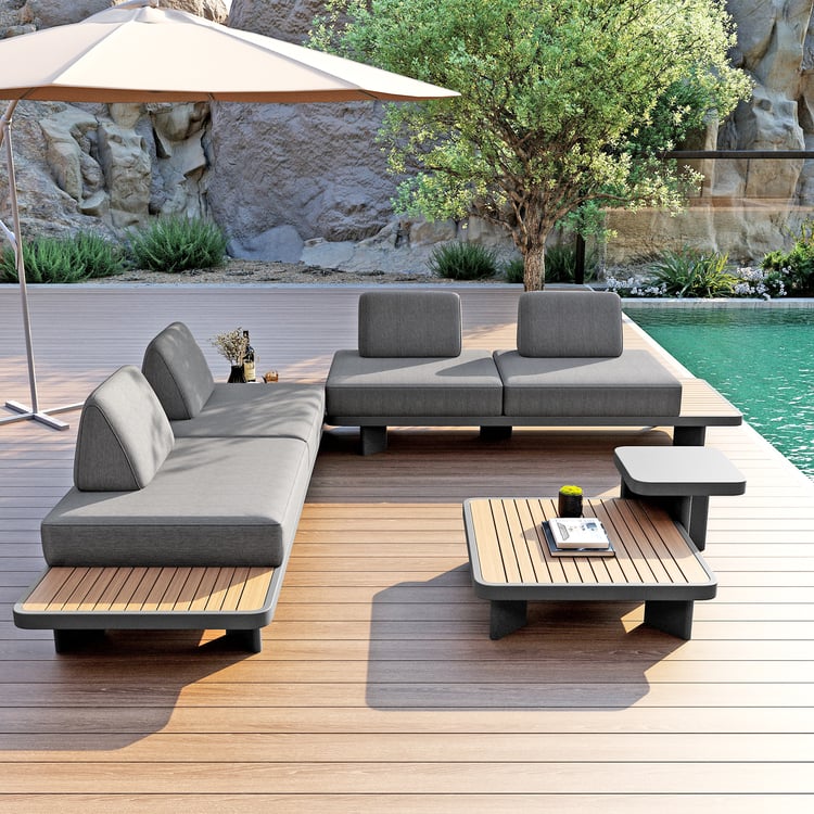 5-Piece Outdoor Aluminum Modular Sectional Set with Coffee Tables for 6 in Gray