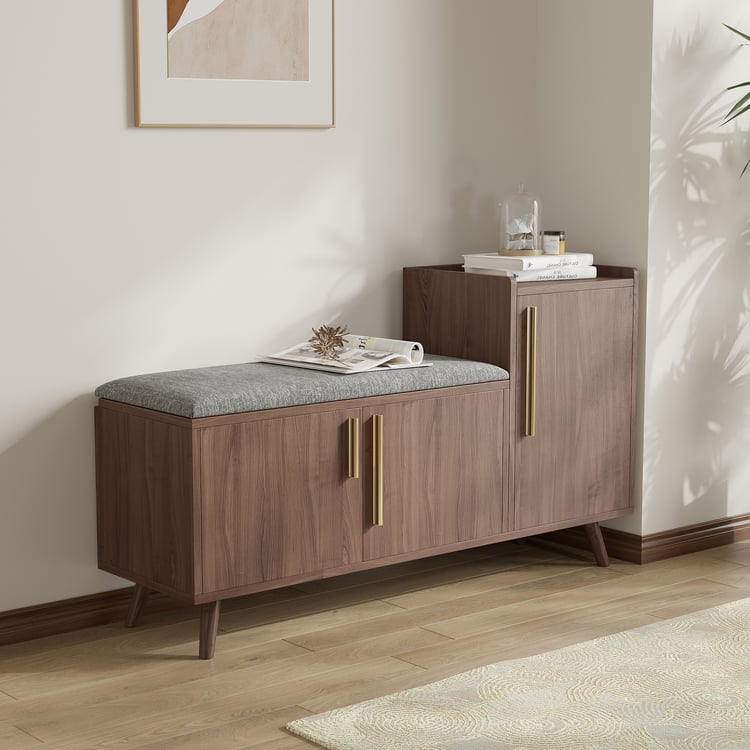 Black Walnut Wooden Shoe Storage Bench with Right-Side Cabinet for Entryway (47")