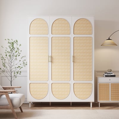 Rattan White 3 Door Bedroom Clothing Armoire Wardrobe with Shelves | Homary 