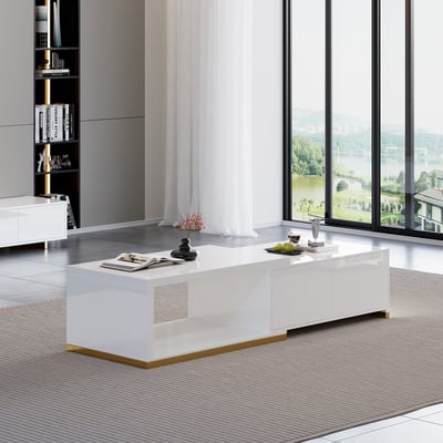 Mordelle 70.8" Modern Rectangle Glossy White Extendable Coffee Table with 2 Drawers | Homary 