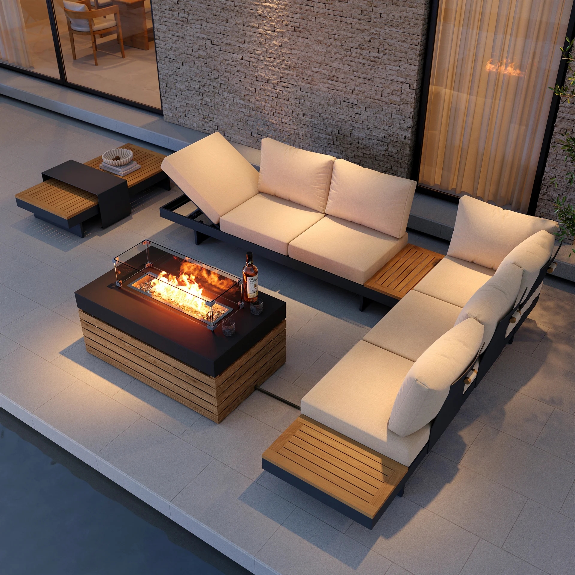 Tevara 4-Piece Outdoor Teak & Aluminum Modular Sofa Set for 6 in Gray with Black Cover