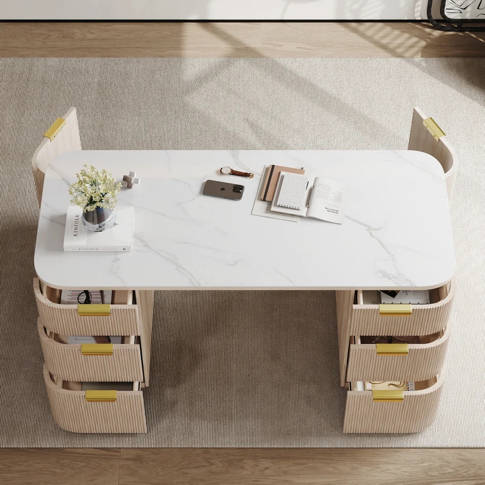 Modern 64" Rounded Edge Whitewash Sintered Stone Desk with Dual Storage