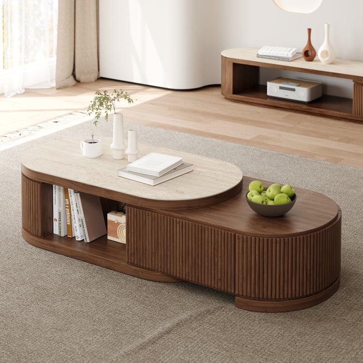 Velar 47"-67" Extendable Fluted Coffee Table with Sintered Stone Top & Storage