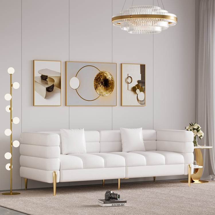 Axial 79" Faux Leather Fluted Sofa with Gold Legs & Pillows