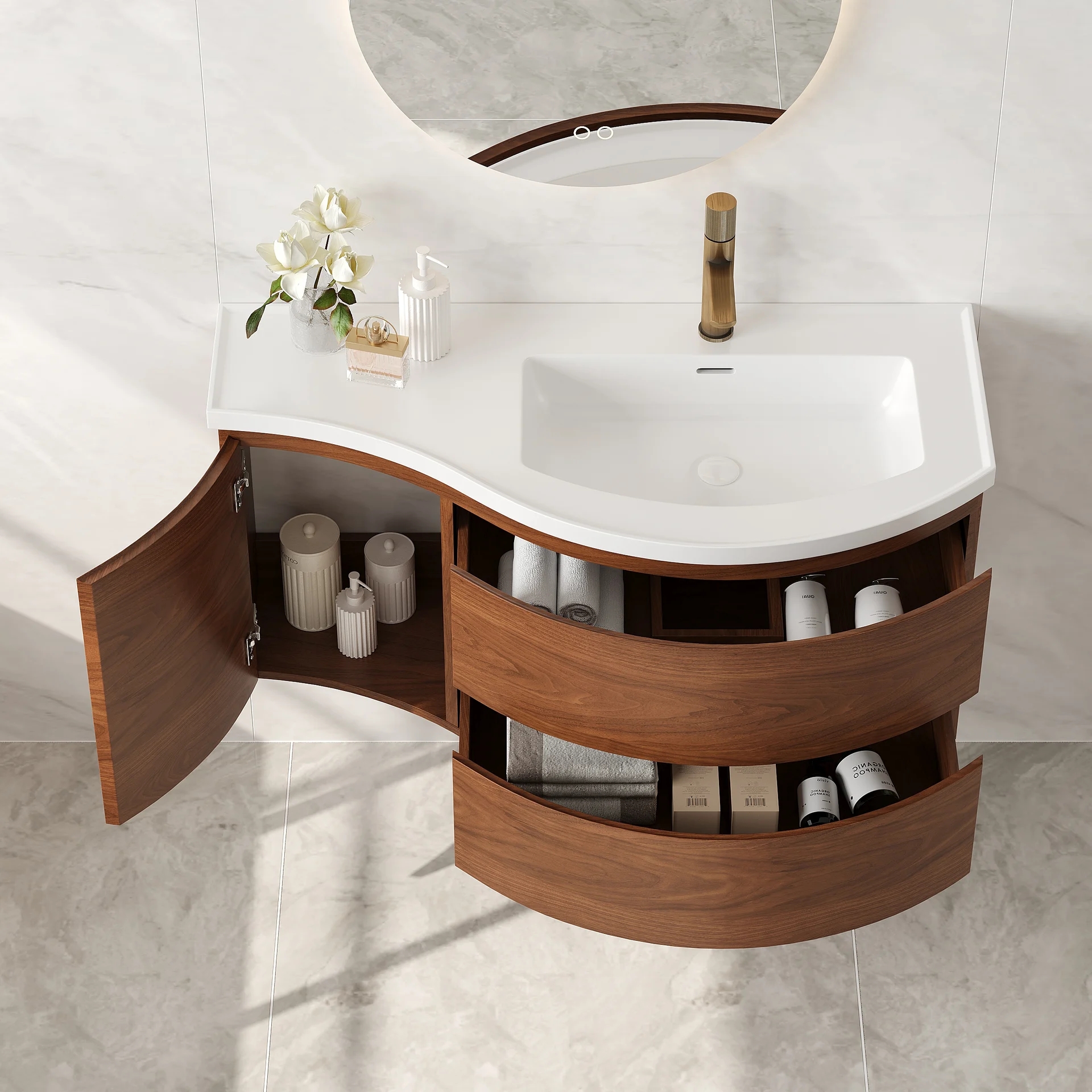 35" Floating Single Curved Bathroom Vanity with Sink & Storage