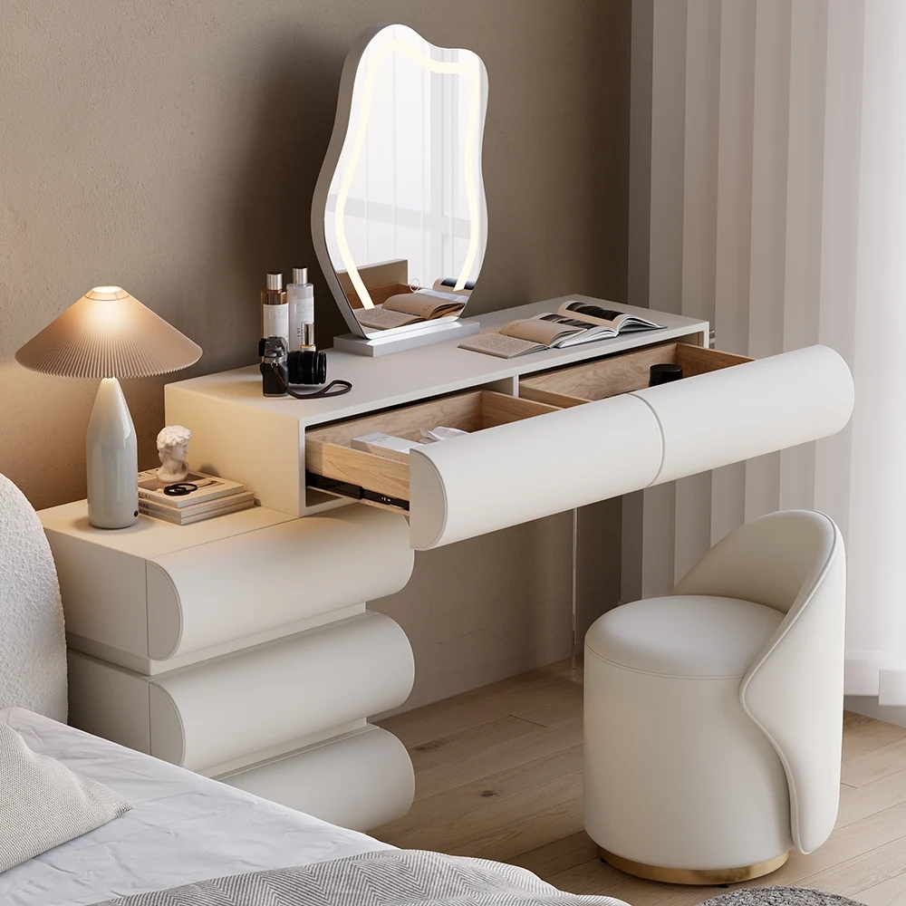 Humply White Leather Makeup Vanity Set with Mirror