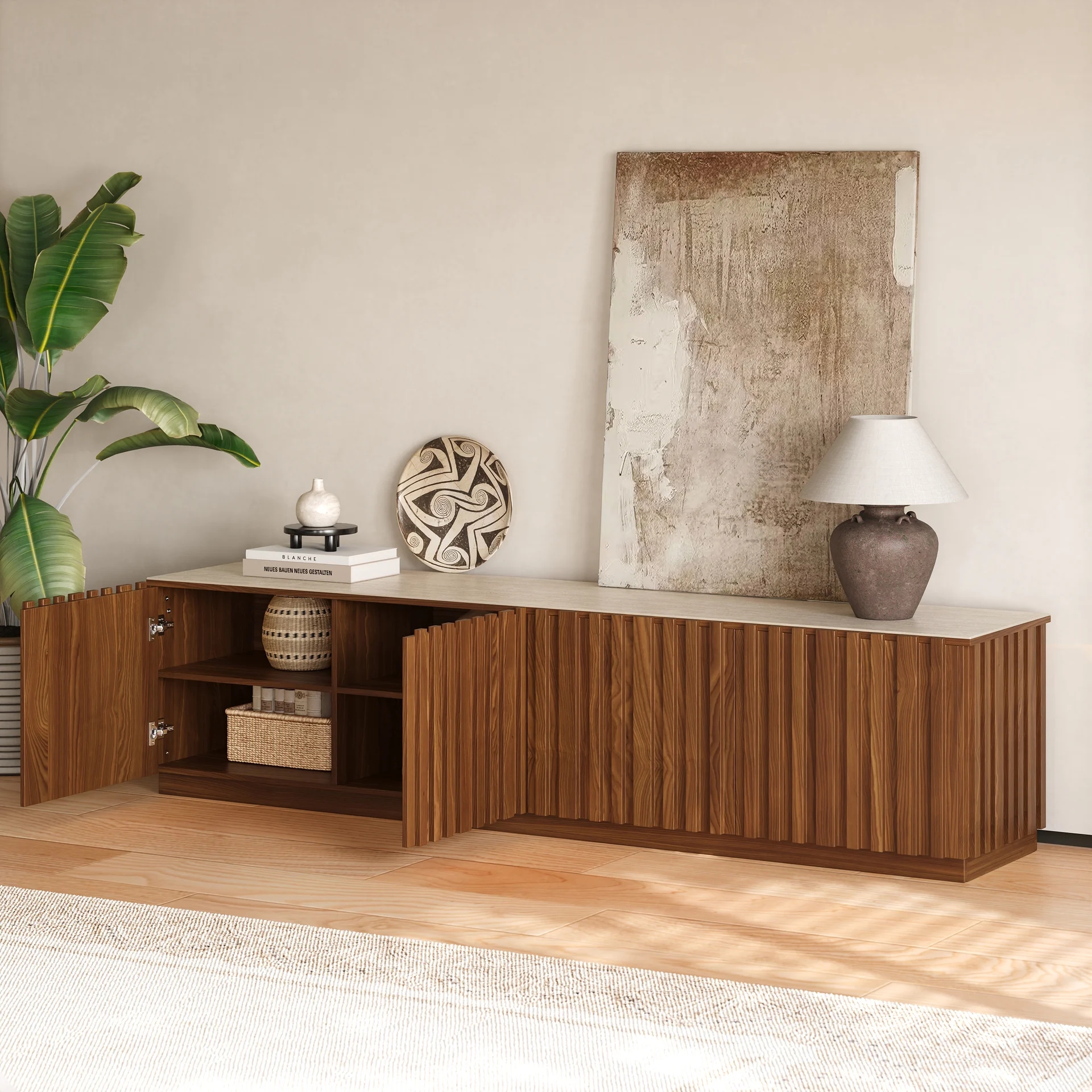 Aura 83" Ash Wood Fluted Walnut TV Stand with Sintered Stone Top