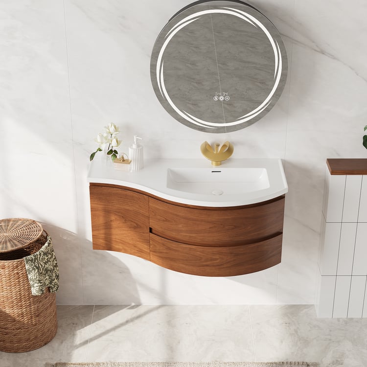 Floating Curved Bathroom Vanity & Round LED Medicine Cabinet Set Right Offset